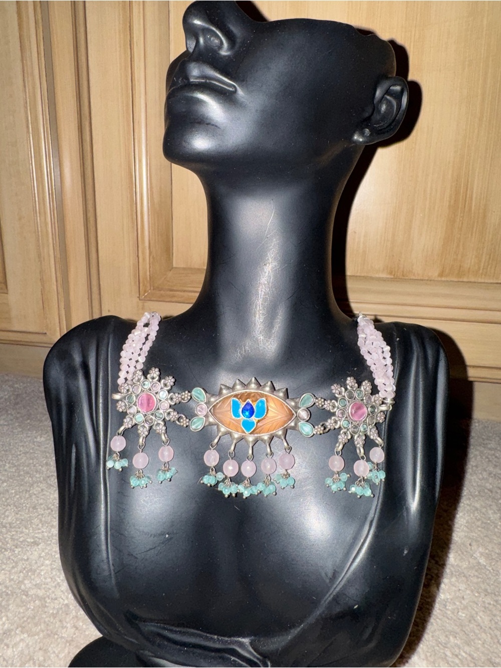 Pastel Pink & Mint Statement Necklace with Central Enamel Motif